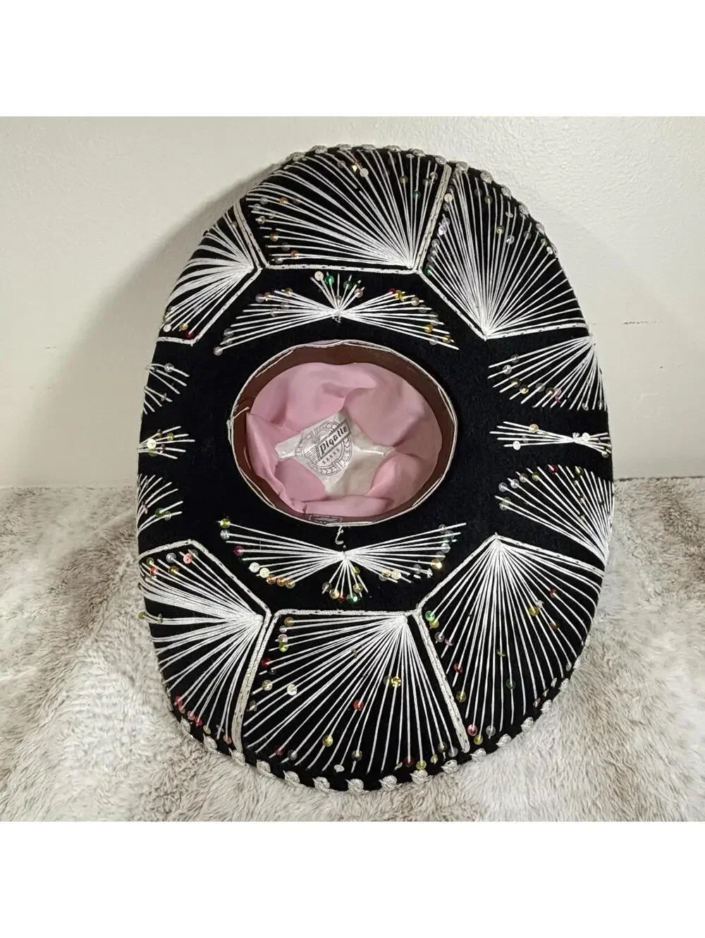 Vintage Mexican Charro Sombrero Hat Black Sequin String Art Made in Mexico